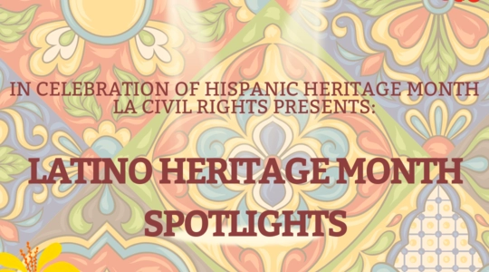 Photo of Latino Heritage Month Spotlights cover image with LA Civil Rights Latino Heritage Month Pink logo