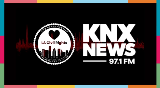 LA Civil Rights logo with the KNX News 97.1 FM logo next to it on a black background