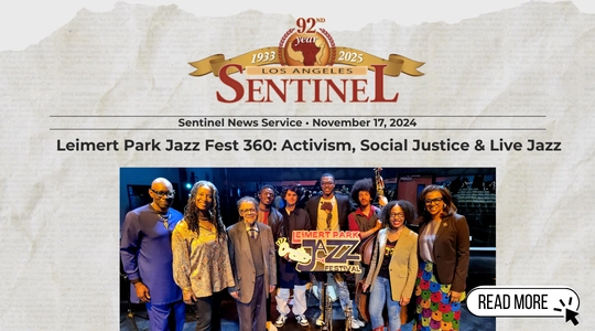 Image of news clip of group of people and musicians on stage at Leimert Park Jazz Festival on LA Sentinel newspaper.