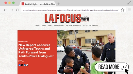 LA Focus News Clip image of female police officer hugging youth with Click Here to read article about new Youth Dinner Dialogue Report