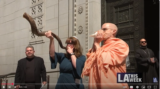 Religious Leaders blow shofar and conch shell at opening image of video on LA This Week.