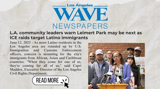 News graphic from Los Angeles Wave Newspapers with the headline about ICE raids possibly targeting Leimert Park. Capri Maddox speaks at a press conference with community leaders, warning that immigrant communities are under threat. A "Read More" button appears at the bottom.
