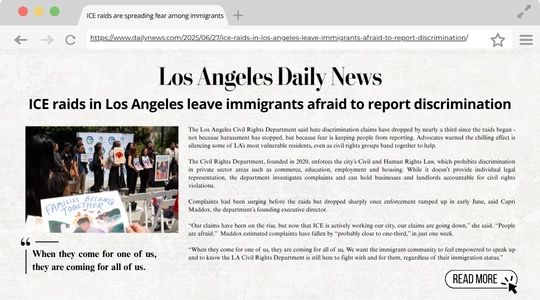 News page graphic of LA Daily News article and URL with snippet from article quoting LA Civil Rights Executive Director Capri Maddox and photo with flyer reading "Families Belong Together."