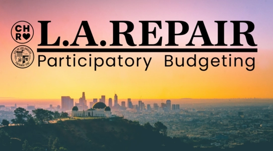 LA REPAIR logo over a view of Griffith Observatory and downtown Los Angeles