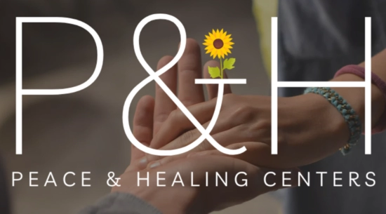 Hands held together. Graphic shows a P&H with a sunflower. Text reads Peace & Healing Centers.
