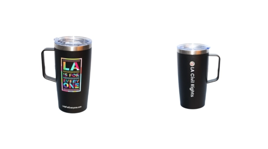 Black tumbler with LA is For Everyone logo