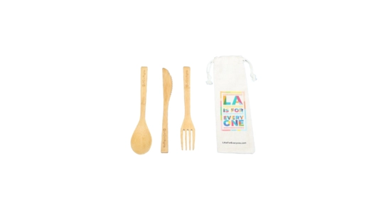 LA For All Wooden Flatware set and white travel bag