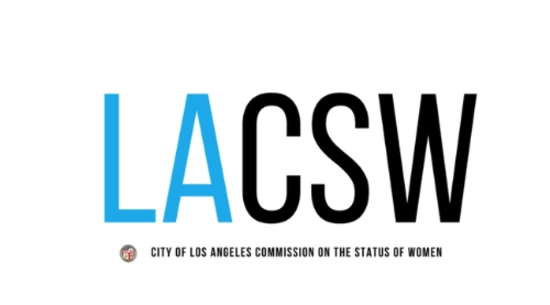 Los Angeles City Commission on the Status of Women logo. LACSW in blue and black. A City seal  and "Commission on the Status of Women" spelled out.