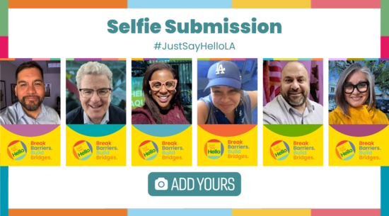 Six different photo selfies of three women and three men each with the Just Say Hello frame