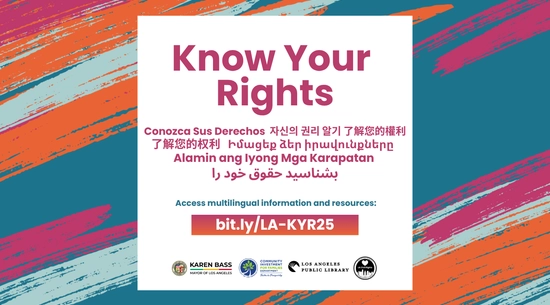 Know Your Rights Graphic to access multilingual information and resources includes URL