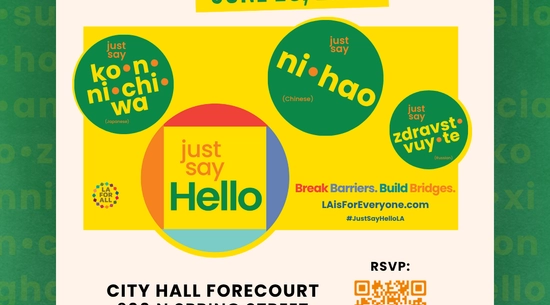 Flyer promoting upcoming event on Thursday June 26 9 am to 11 am announcing citywide Just Say Hello PSA as next phase featuring QR code for more information