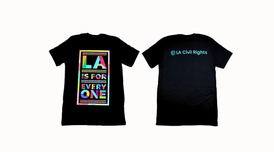 Black T-shirt with ‘LA For All’ logo in bold letters across the chest and and LA Civil Rights text on back