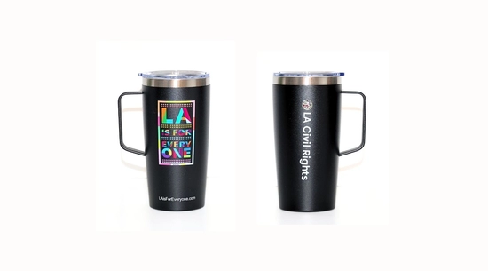 Black tumbler with LA is For Everyone logo