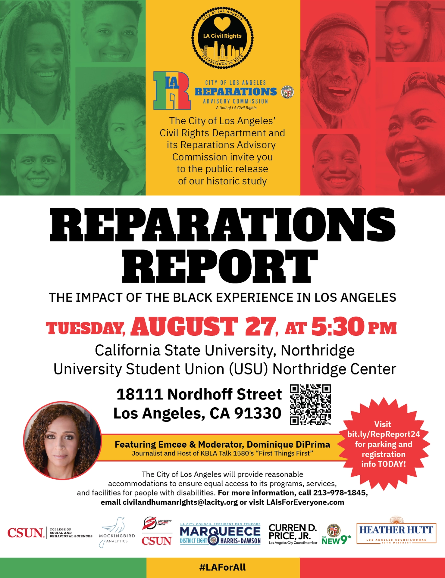 RAC Reparations Report flyer highlighting Dominique DiPrima as the Emcee and Moderator for the Reparations Report event happening on Tuesday, August 27 at 5:30 p.m. at CSU Northridge's Student Union, 18111 Nordhoff Street, Los Angeles, CA 91330