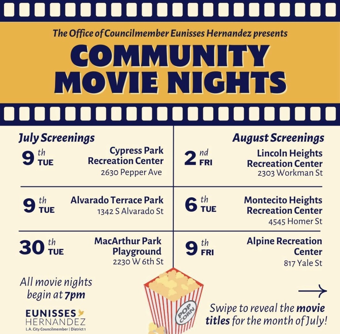 Community Movie Night Flyer promoting upcoming events. The next event will be Tuesday August 6 from 6-10 PM at the Montecito Heights Rec Center