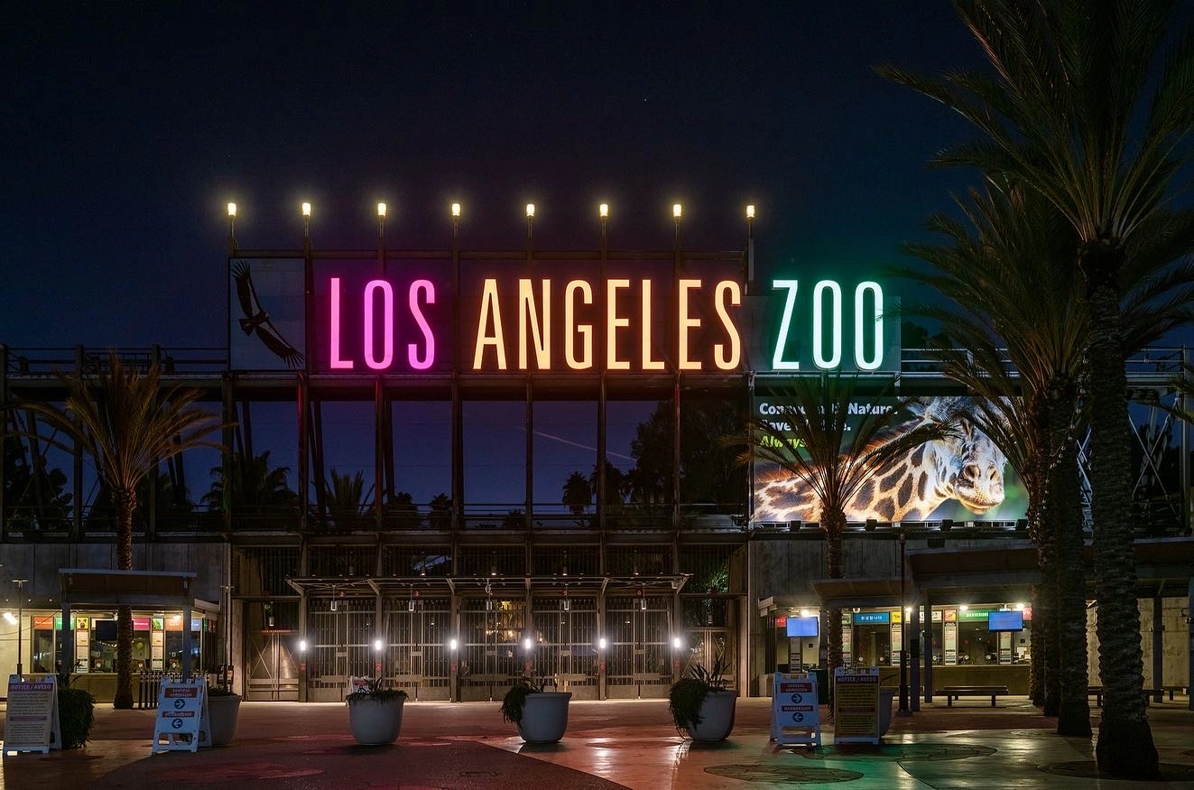 Los Angeles Zoo sign lit up for LA For All week