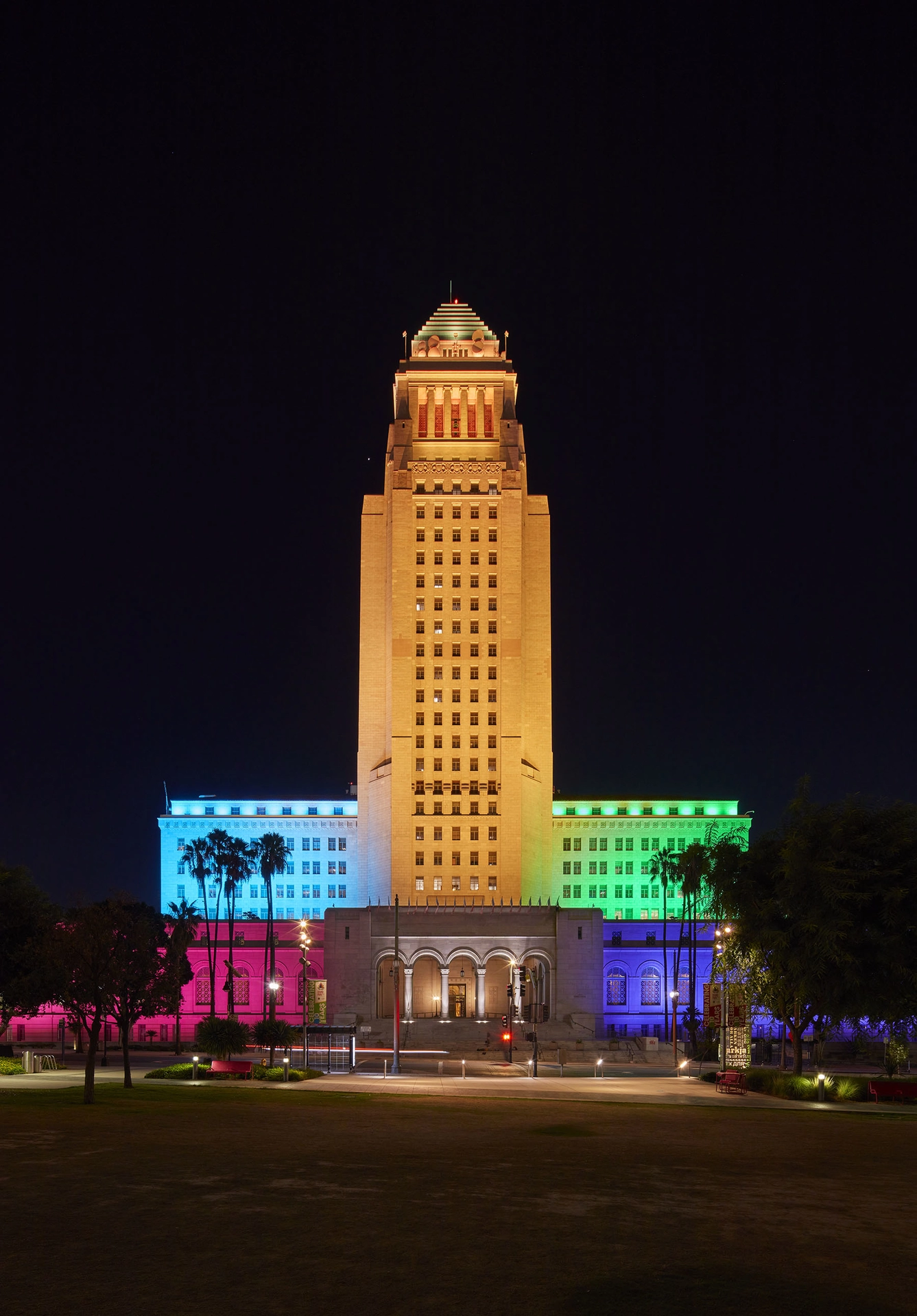 LA City Hall lit up in LA For All colors