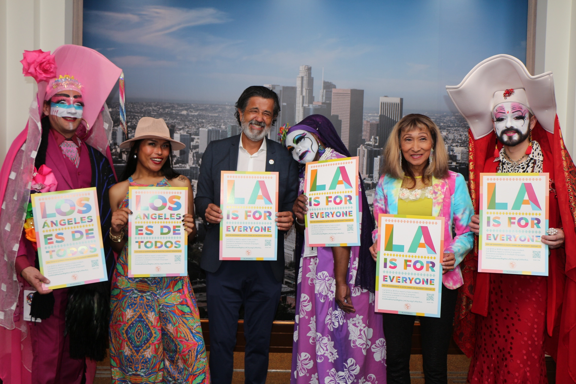 La Civil Rights Staff with the LA Drag Nuns holding up LA For All posters