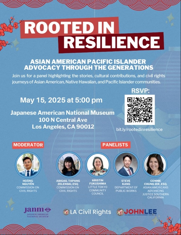 Flyers promoting upcoming AAPI Heritage panel discussion includes images of speakers and QR code and website link for RSVP