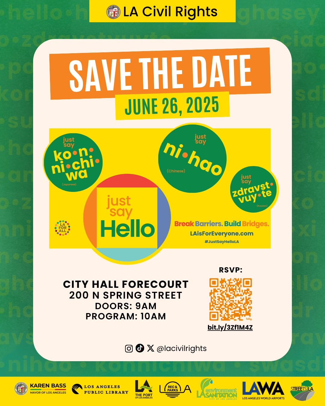 Flyer promoting upcoming event on Thursday June 26 9 am to 11 am announcing citywide Just Say Hello PSA as next phase featuring QR code for more information