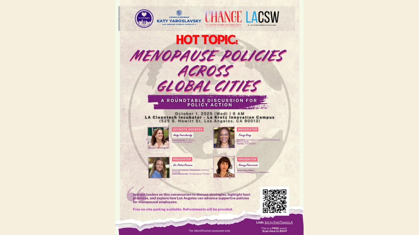 Event flyer for "Hot Topic: Menopause Policies Across Global Cities." The event is a roundtable discussion on Wednesday, October 1, 2025, at 9 AM at the LA Cleantech Incubator. The flyer includes headshots of the keynote speaker, moderator, and presenters, along with a QR code to RSVP.