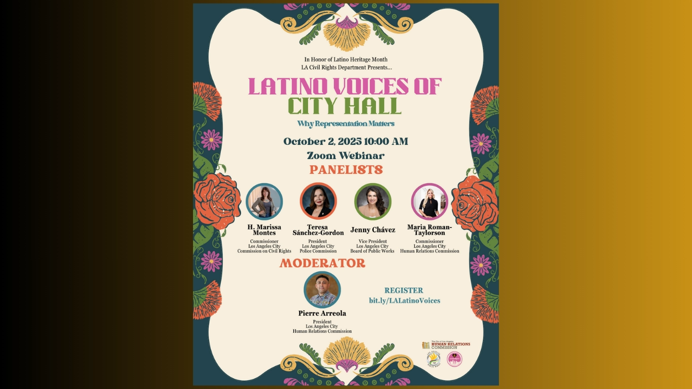 Flyer promoting Latino Voices of City Hall Zoom Webinar on October 2, 2025 includes panelists, moderator and link to register for Zoom panel.