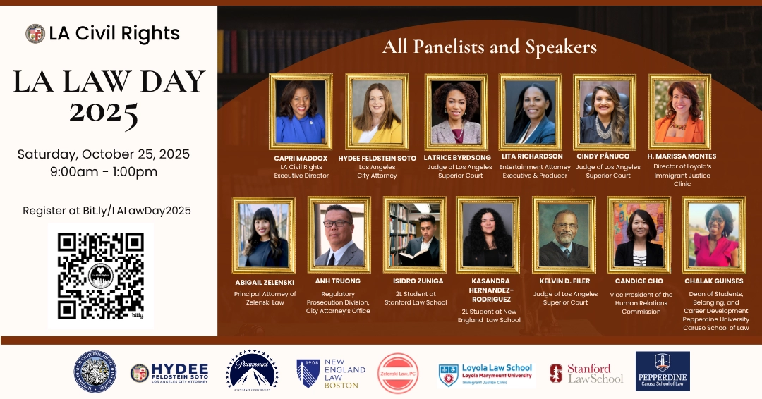 Flyer announcing LA Law Day, a virtual event on October 25, 2025, hosted by LA Civil Rights to connect students with legal professionals and resources. Includes a QR code for registration.