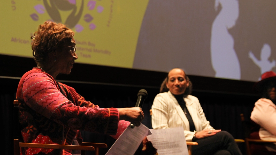 Bonnie Boswell leads a panel discussion at the Birthing Justice Screening on April 12, 2023