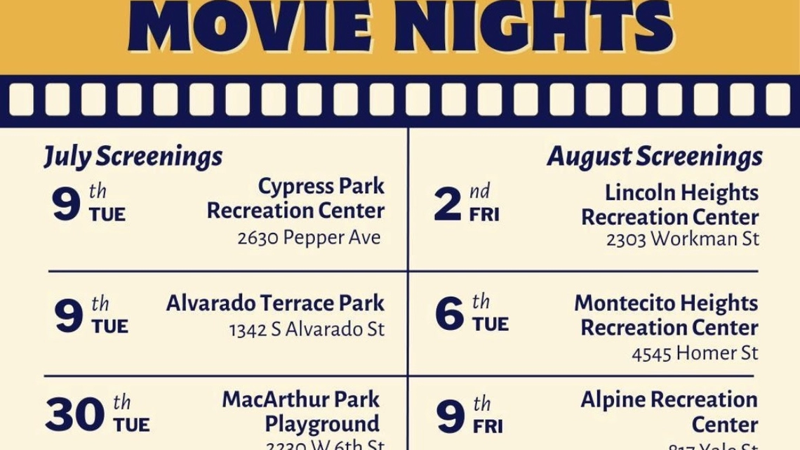 Community Movie Night Flyer promoting upcoming events. The next event will be Tuesday August 6 from 6-10 PM at the Montecito Heights Rec Center