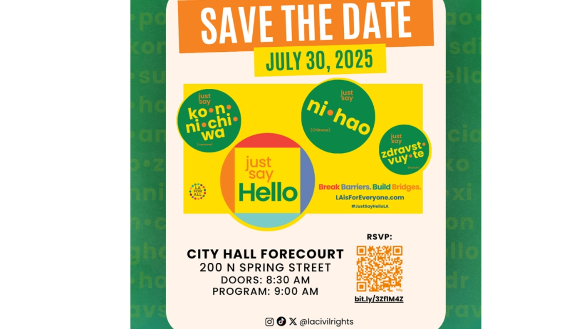 Save the Date - Just Say Hello Event features QR code and web address to register to attend the July 30th event.