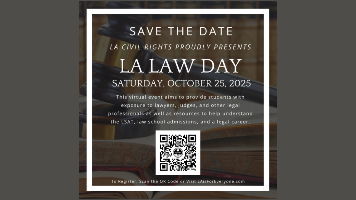 Flyer announcing LA Law Day, a virtual event on October 25, 2025, hosted by LA Civil Rights to connect students with legal professionals and resources. Includes a QR code for registration.