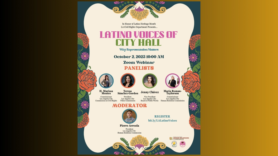 Flyer promoting Latino Voices of City Hall Zoom Webinar on October 2, 2025 includes panelists, moderator and link to register for Zoom panel.