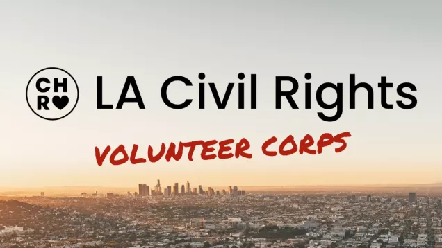 LOS ANGELES SKYLINE with text "LA Civil Rights Volunteer Corps" written over the sky.