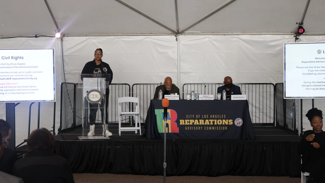 LA City Reparations Commissioners on stage presenting