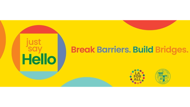 Just Say Hello logo on a yellow background, with tag line that says "Break Barriers. Build Bridges."