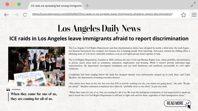 News page graphic of LA Daily News article and URL with snippet from article quoting LA Civil Rights Executive Director Capri Maddox and photo with flyer reading "Families Belong Together."
