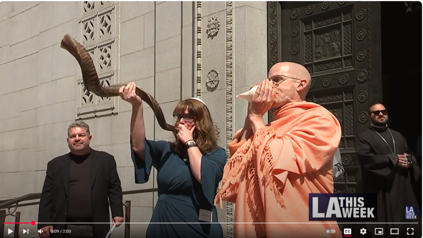 Religious Leaders blow shofar and conch shell at opening image of video on LA This Week.