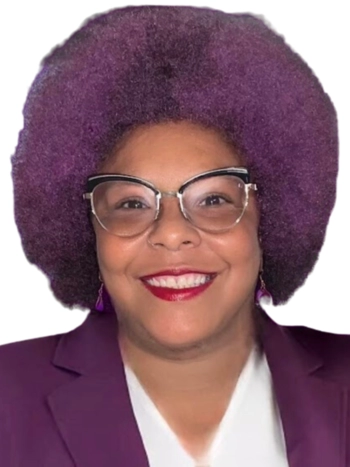 Michele reed in purple and smiling and wearing glasses for bio photo