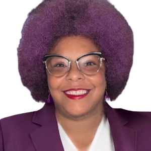 Michele reed in purple and smiling and wearing glasses for bio photo